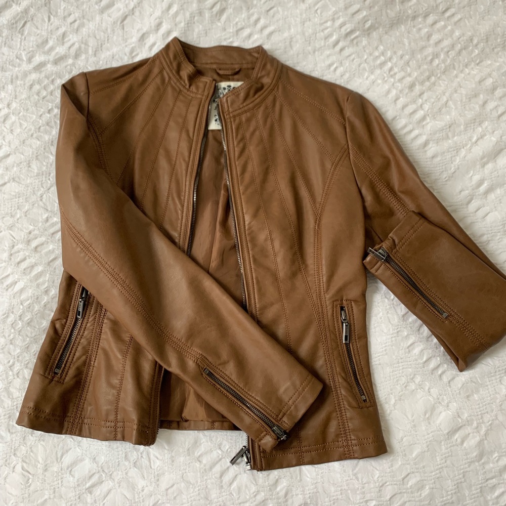 Made by Johnny Faux Leather Moto Jacket Camel